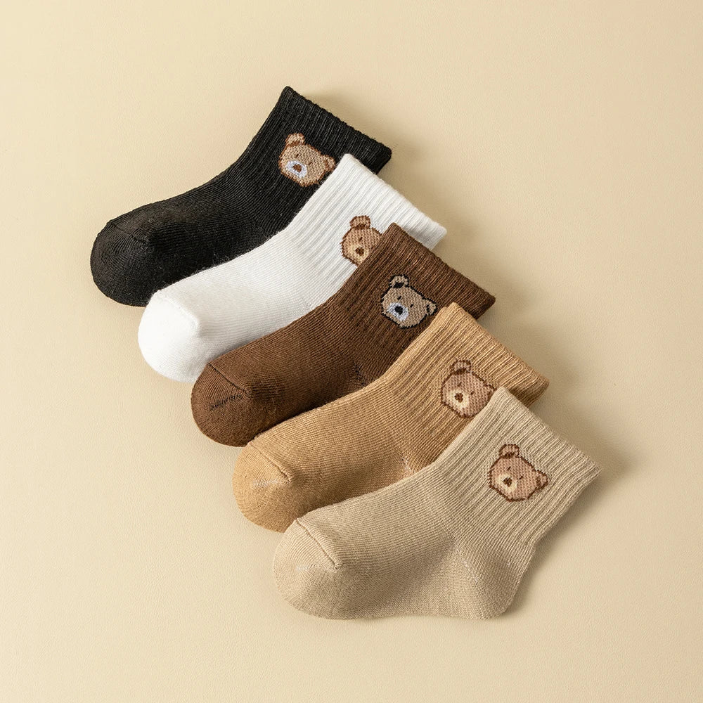 5 Pairs Baby Socks Toddler Soft Comfortable Breathable All-Season Cartoon Bear Pattern Kids Footwear